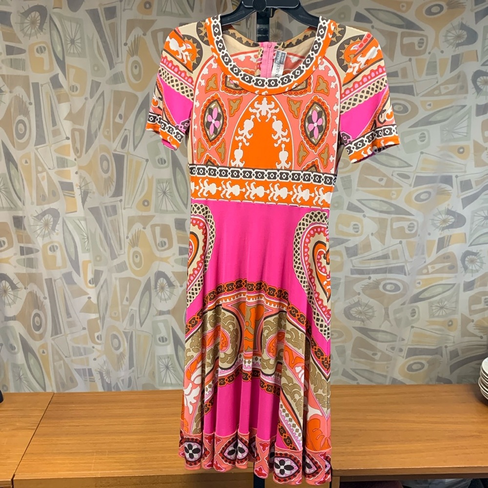 LEONARD Fashion Paris Made in France Vintage Silk Jersey A-Line Mod Print Dress